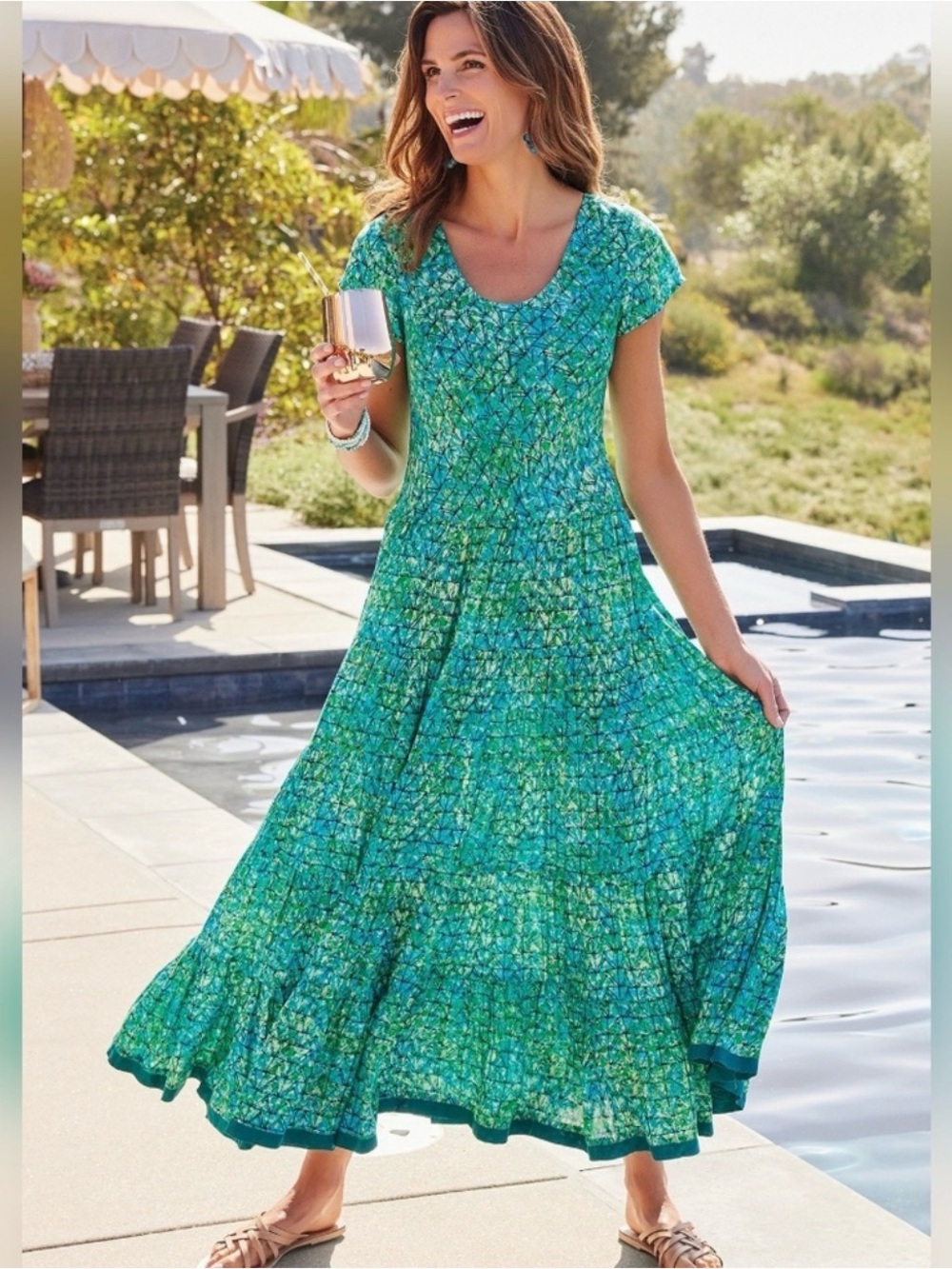 Soft Surroundings Green Floral Tiered Maxi Dress
